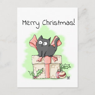 Cute Cartoon Grey Kitten Merry Christmas Postcard