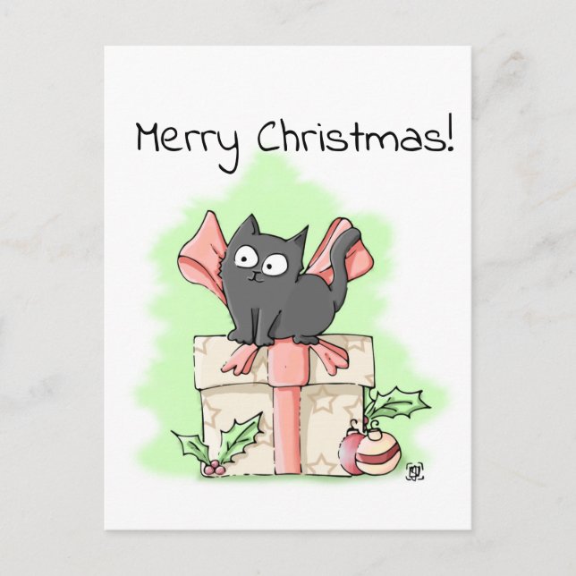 Cute Cartoon Grey Kitten Merry Christmas Postcard (Front)