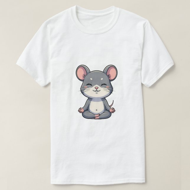 Cute Cartoon Grey Mouse Meditating in Lotus Pose T-Shirt (Design Front)