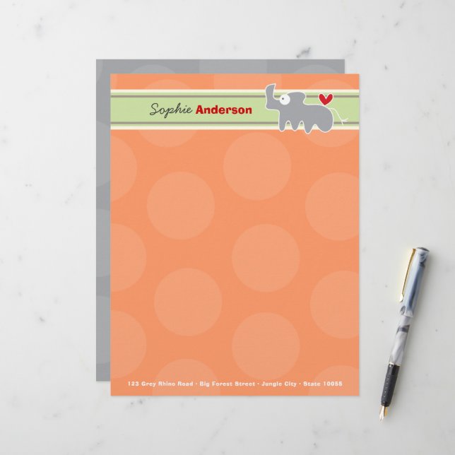 Cute Cartoon Grey Rhinoceros Orange Polka Dots Fun Customized Letterhead (Front/Back In Situ)
