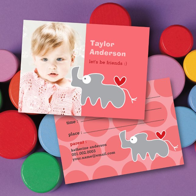 Cute Cartoon Grey Rhinoceros Photo Kid's Play Date Calling Card (Creator Uploaded)