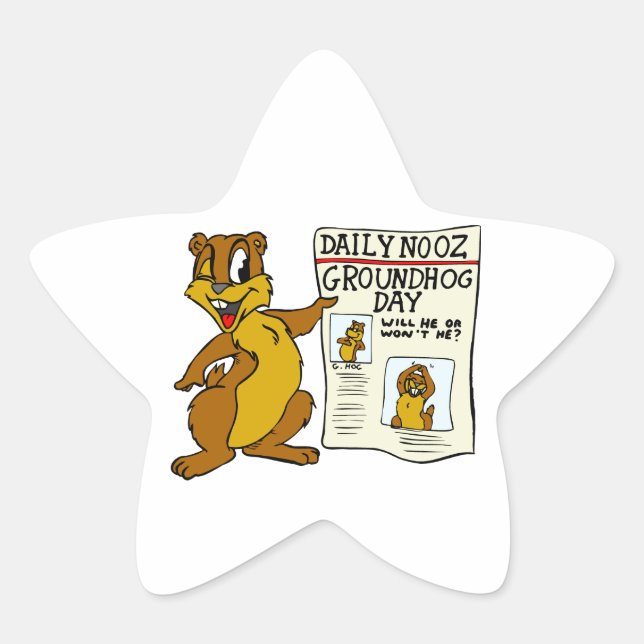 Cute Cartoon Groundhog w/ Groundhog Day Newpaper Star Sticker (Front)