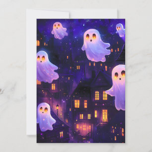 Cute Cartoon Halloween Midnight Flying Ghosts Holiday Card