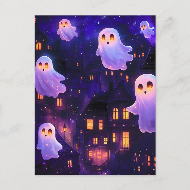 Cute Cartoon Halloween Midnight Flying Ghosts Holiday Postcard (Front)