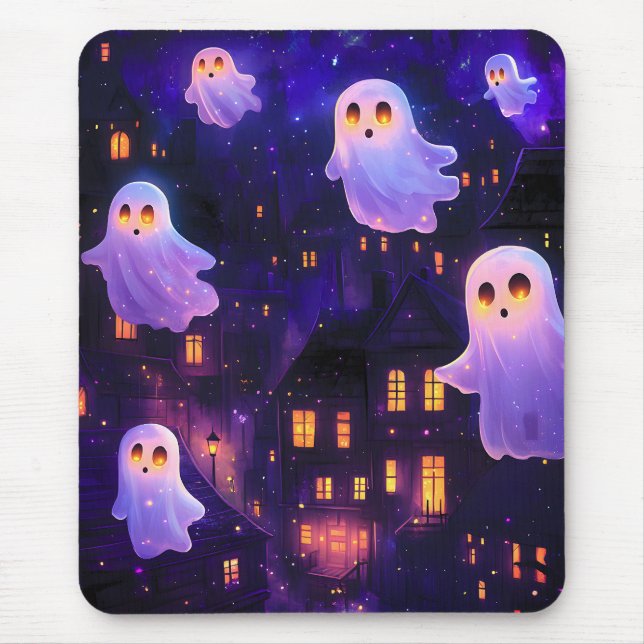 Cute Cartoon Halloween Midnight Flying Ghosts Mouse Mat (Front)