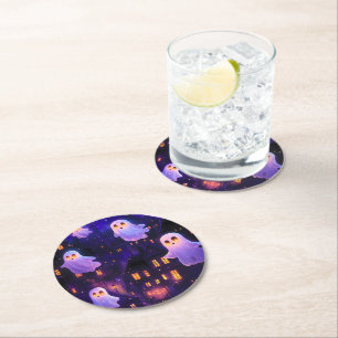 Cute Cartoon Halloween Midnight Flying Ghosts Round Paper Coaster