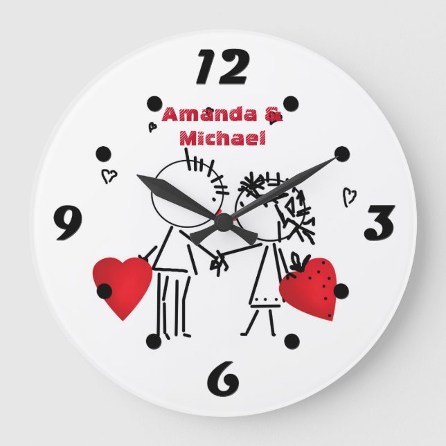 Cute cartoon handdrawn boy girl love Valentines Da Large Clock (Front)