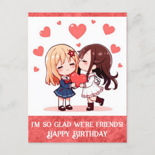 Cute Cartoon Happy Birthday Friend Hearts Postcard