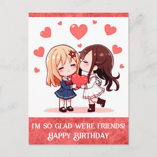 Cute Cartoon Happy Birthday Friend Hearts Postcard (Front)