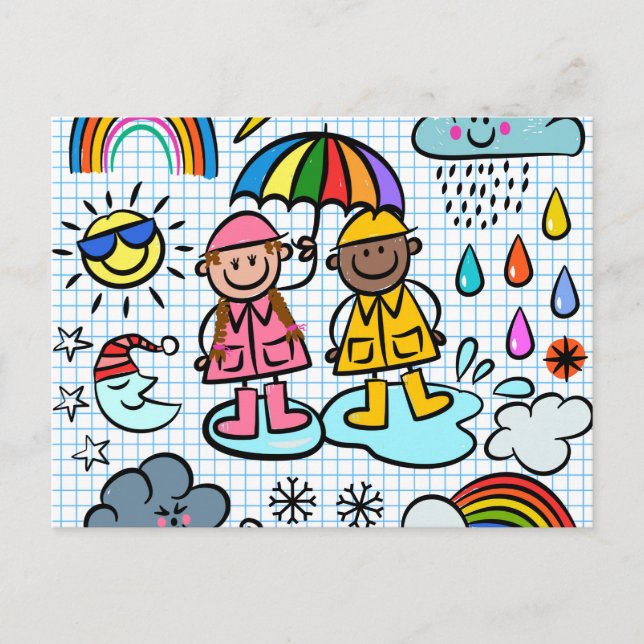 Cute Cartoon Happy Kids Weather Doodles  Postcard (Front)