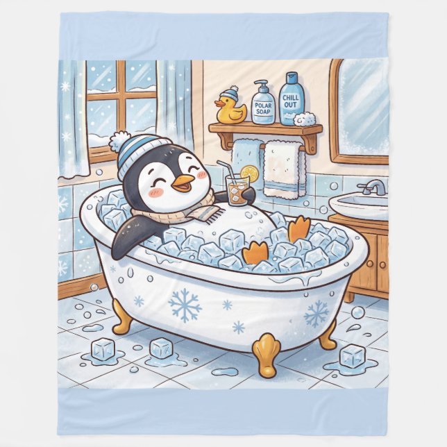 Cute Cartoon Happy Penguin Taking a Bath Fleece Blanket (Front)