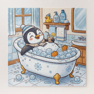 Cute Cartoon Happy Penguin Taking a Bath Jigsaw Puzzle