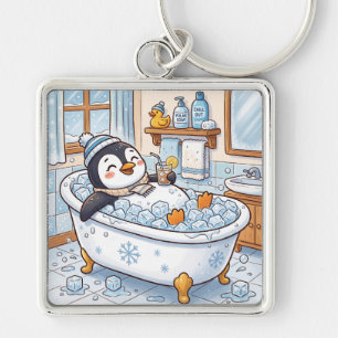 Cute Cartoon Happy Penguin Taking a Bath Key Ring