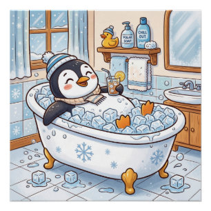 Cute Cartoon Happy Penguin Taking a Bath Poster