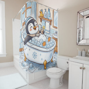 Cute Cartoon Happy Penguin Taking a Bath Shower Curtain