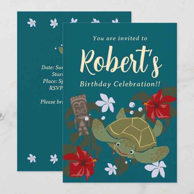 Cute Cartoon Hawaii Sea Turtle Birthday Invitation (Front/Back)