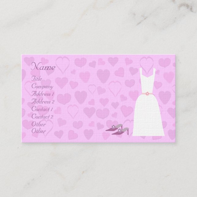 Cute Cartoon Hearts, Dress & Shoes Wedding Planner Business Card (Front)