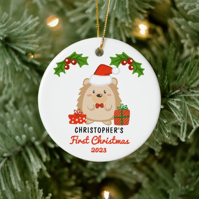 Cute Cartoon Hedgehog Baby's First Christmas Photo Ceramic Tree Decoration (Tree)