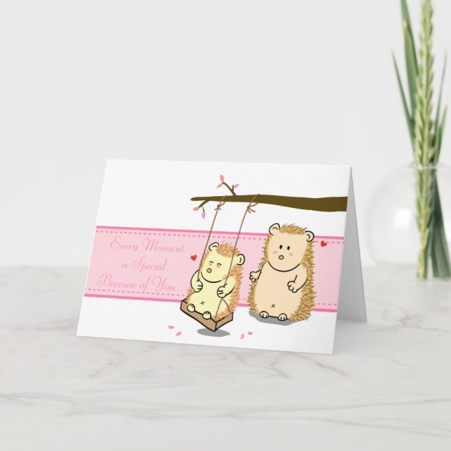 Cute Cartoon Hedgehog couple in love at tree swing Card (Front)