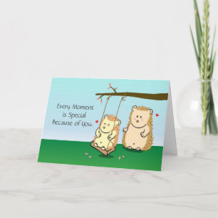 Cute Cartoon Hedgehog couple in love at tree swing Card