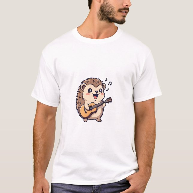 Cute Cartoon Hedgehog Playing Acoustic Guitar T-Shirt (Front)