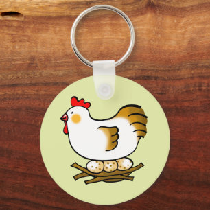Cute Cartoon Hen on Nest with Farm Eggs Key Ring