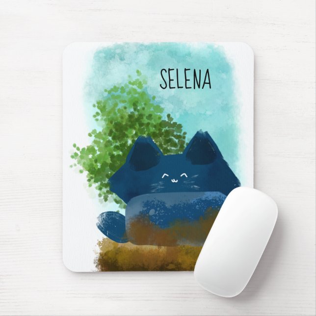 Cute Cartoon Hidden Fluffy Blue Cat Mouse Mat (With Mouse)