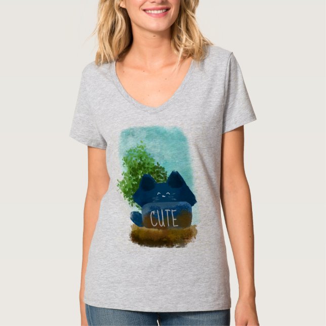 Cute Cartoon Hidden Fluffy Blue Cat T-Shirt (Front)
