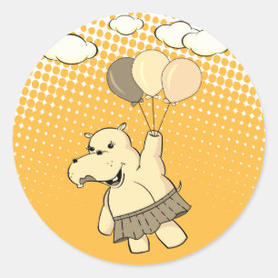 Cute Cartoon Hippo Flying With Balloons Classic Round Sticker