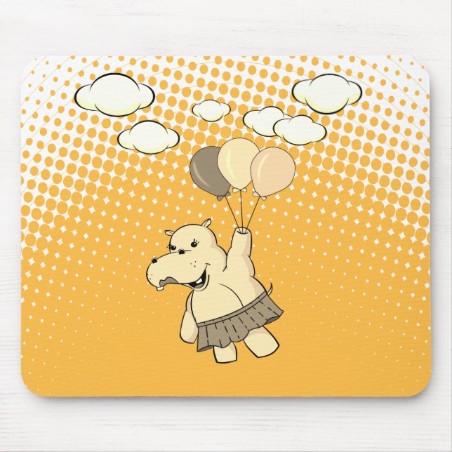 Cute Cartoon Hippo Flying With Balloons Mouse Mat (Front)