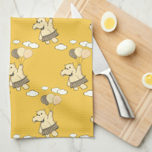 Cute Cartoon Hippo Flying With Balloons Tea Towel