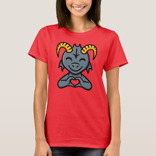 Cute Cartoon Horned Creature Love Heart Sign T-Shirt (Front)