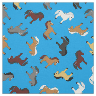 Cute Cartoon Horses Kids Blue Fabric