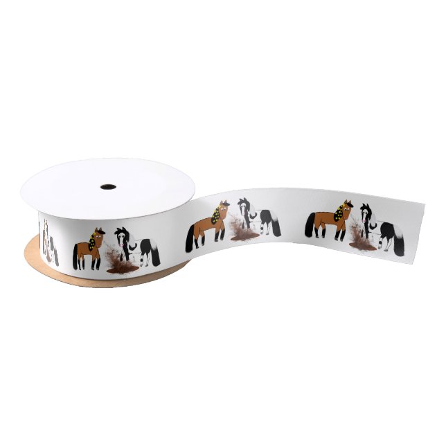 Cute Cartoon Horses playing in the mud Satin Ribbon (Spool)