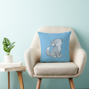 Cute Cartoon Howling Wolf Pup Blue Cushion