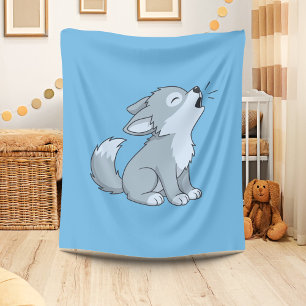 Cute Cartoon Howling Wolf Pup Blue Fleece Blanket