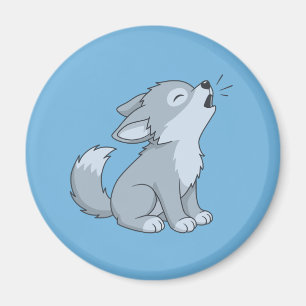 Cute Cartoon Howling Wolf Pup on Blue Magnet