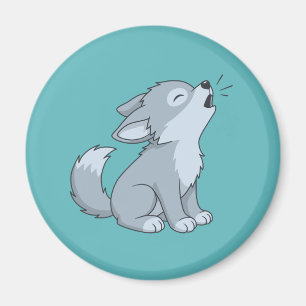 Cute Cartoon Howling Wolf Pup on Green Magnet