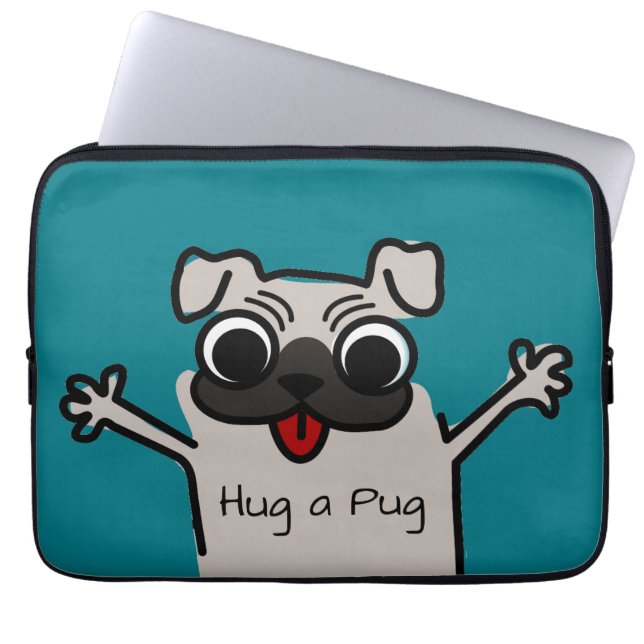 Cute Cartoon Hug a Pug Teal Laptop Sleeve (Front)