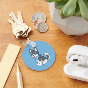 Cute Cartoon Husky Puppy Dog on Blue Key Ring