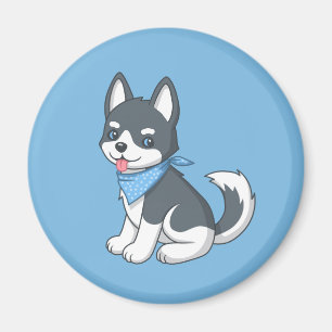 Cute Cartoon Husky Puppy Dog on Blue Magnet