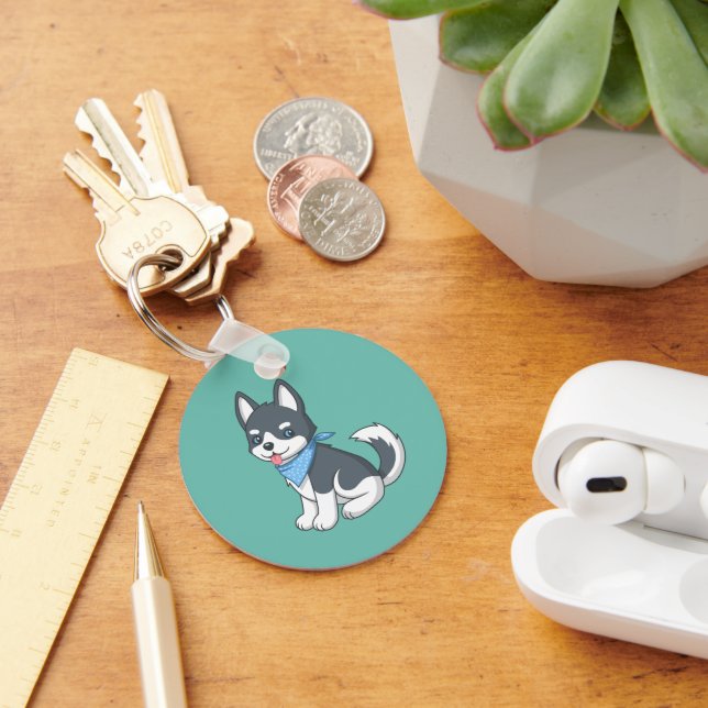 Cute Cartoon Husky Puppy Dog on Green Key Ring (Desk)