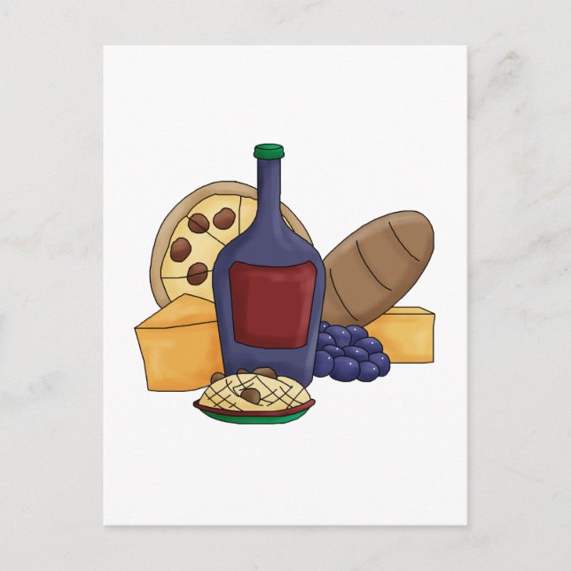 Cute Cartoon Italian Food Pasta Bread Wine Cheese Postcard (Front)