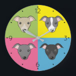 Cute cartoon Italian greyhounds colourful pop art Large Clock<br><div class="desc">Cartoon pop art - cute Italian greyhound faces in 4 colours :) 🔹 You can customise it - edit numbers font and colour, rotate/resize image, add text and more! 🔹🔹🔹 Send me a photo of your purchase or just share it and tag me @edrawings38art (on FB/IG/Twitter)! Thank you! 💜</div>