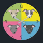 Cute cartoon Italian greyhounds colourful pop art Large Clock<br><div class="desc">Cartoon pop art  - cute Italian greyhound faces in 4 colours :) 🔹 You can customise it - edit numbers font and colour,  rotate/resize image,  add text and more!  🔹🔹🔹 Send me a photo of your purchase or just share it and tag me @edrawings38art (on FB/IG/Twitter)! Thank you! 💜</div>