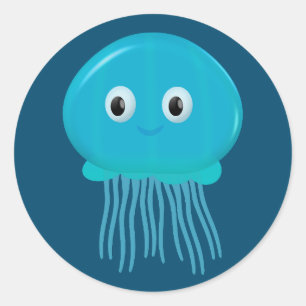 Cute Cartoon Jellyfish In Blue Ocean Classic Round Sticker