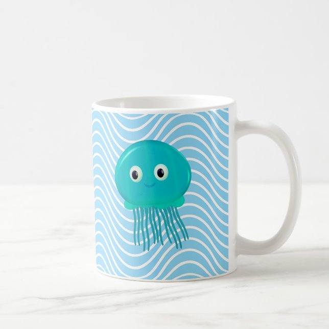 Cute Cartoon Jellyfish In Blue Ocean Coffee Mug (Right)
