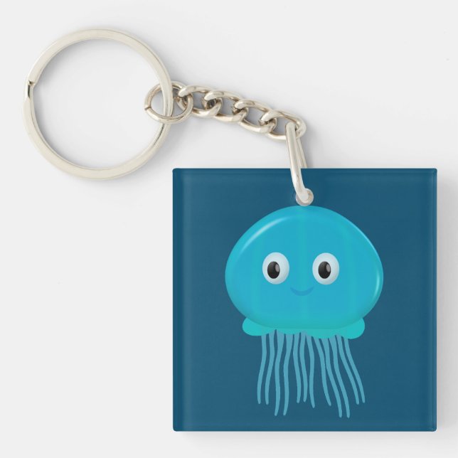 Cute Cartoon Jellyfish In Blue Ocean Key Ring (Front)
