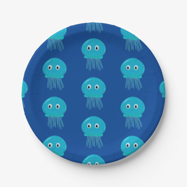 Cute Cartoon Jellyfish In Blue Ocean Paper Plate (Front)