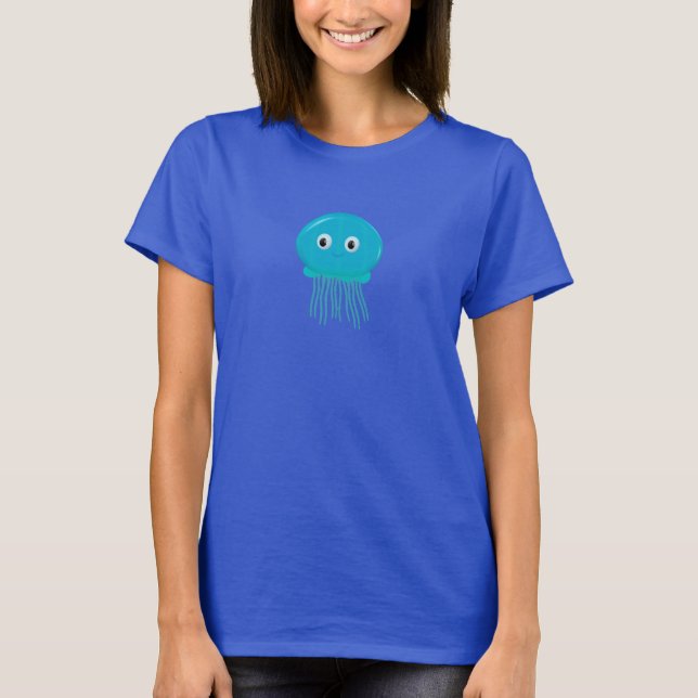 Cute Cartoon Jellyfish In Blue Ocean T-Shirt (Front)
